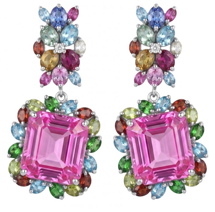 Large - Tiffany - authentic 41.5 carat Pink Sapphire rhodium over .925 Sterling Silver handcrafted Statement Earrings