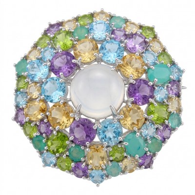 Kaleidoscope genuine 68.5 carat Brazilian Rose Quartz rhodium over .925 Sterling Silver handmade Pendant - Brooch
