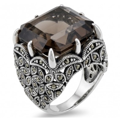 Serenity 19.5 carat Champagne Smoky Topaz rhodium over .925 Sterling Silver HUGE Ring size 8