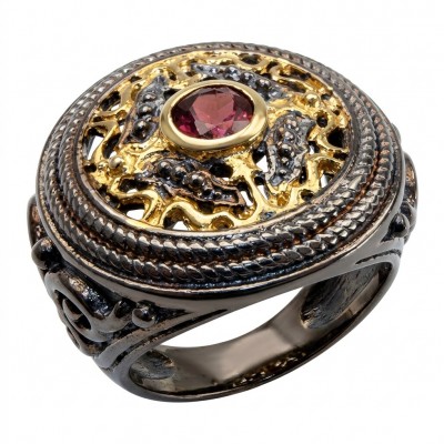Vintage design Natural 1.8 carat Garnet 2 tones black rhodium .925 Sterling Silver handmade Statement Ring size 6 1/4