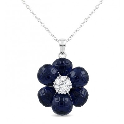 Blue Flower mystery setting 12.2 carat natural Sapphire .925 Sterling Silver Necklace