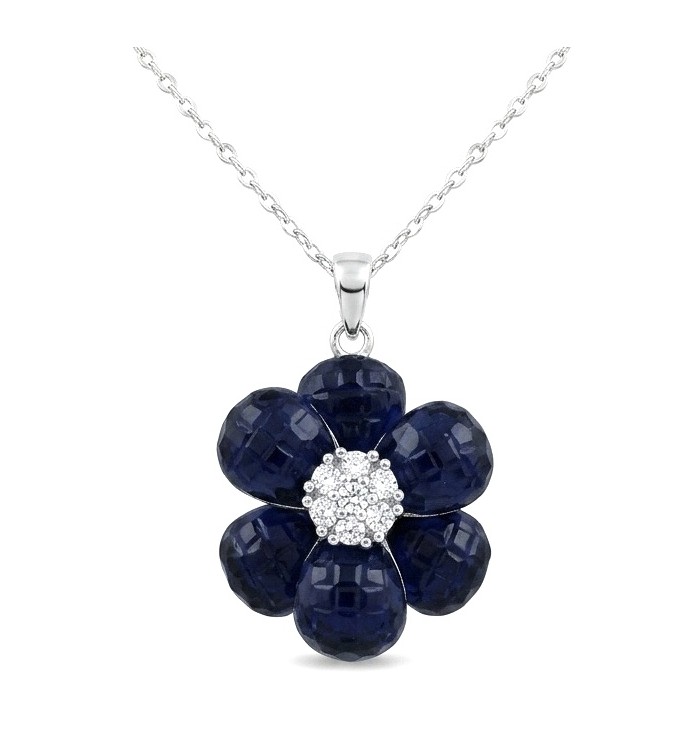 Blue Flower mystery setting 12.2 carat natural Sapphire .925 Sterling Silver Necklace