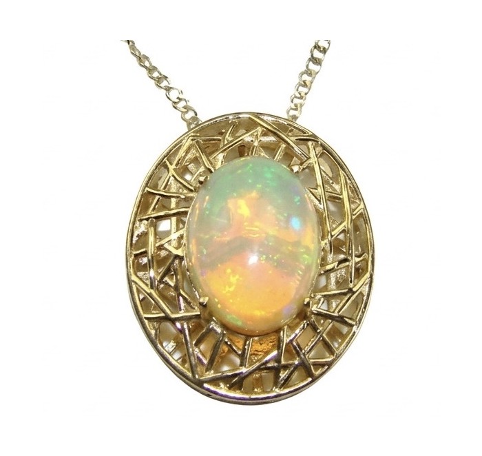 Earth Treasure Authentic 12.8 carat Golden Ethiopian Opal 22K Gold over .925 Sterling Silver handcrafted Statament Necklace