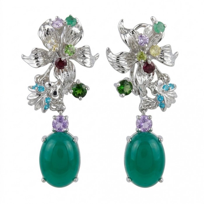 Enchanted Beauty 19.5 carat authentic Jade rhodium over .925 Sterling Silver handcrafted earrings