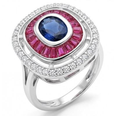 Art Deco 8.6 ctw Colombian Sapphire Rhodium over .925 Sterling Silver handcrafted Statement Ring size 8