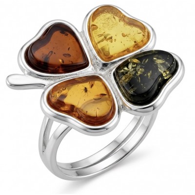 Flower Authentic Baltic Amber .925 Sterling Silver dipped in rhodium handcrafted ring; s. 8 adjustable