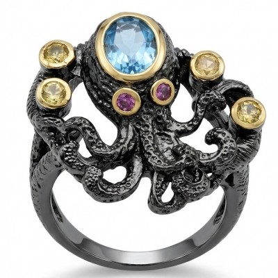 Under the Sea 4.8 carat Swiss Blue Topaz black rhodium over 2 tones .925 Sterling Silver handcrafted ring size 8