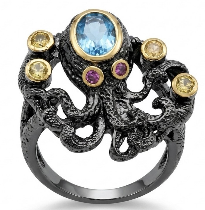 Under the Sea 4.8 carat Swiss Blue Topaz black rhodium over 2 tones .925 Sterling Silver handcrafted ring size 8