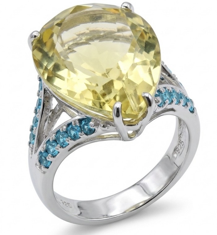 Vivien - Natural 19. 2 carat Citrine .925 Sterling Silver dipped rhodium handcrafted Statement ring; s. 7 1/4