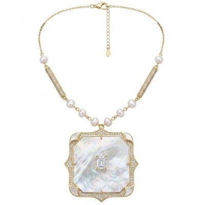 Precious natural creamy Blister Pearl 5.2 carat White Sapphire 18K Gold over .925 Sterling Silver Necklace