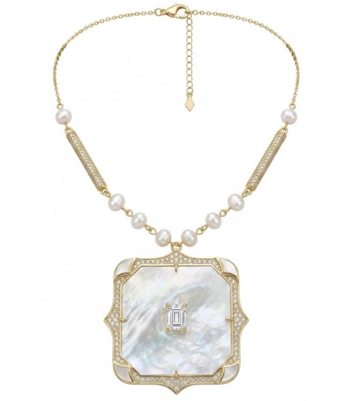 Precious natural creamy Blister Pearl 5.2 carat White Sapphire 18K Gold over .925 Sterling Silver Necklace - video
