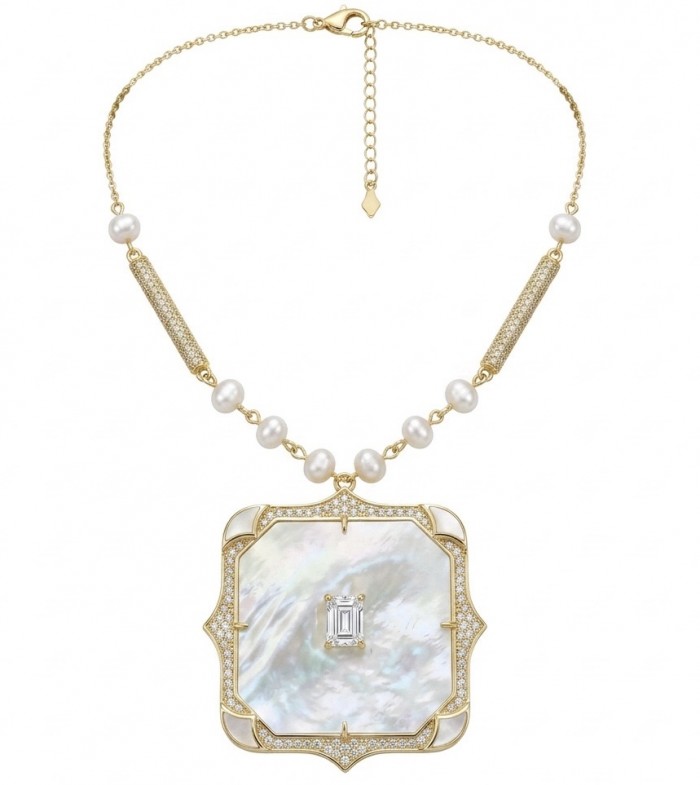 Precious natural creamy Blister Pearl 5.2 carat White Sapphire 18K Gold over .925 Sterling Silver Necklace