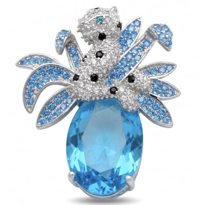 Blue Cheetah authentic 12.5 carat Swiss Blue Topaz .925 Sterling Silver Handcrafted pendant brooch
