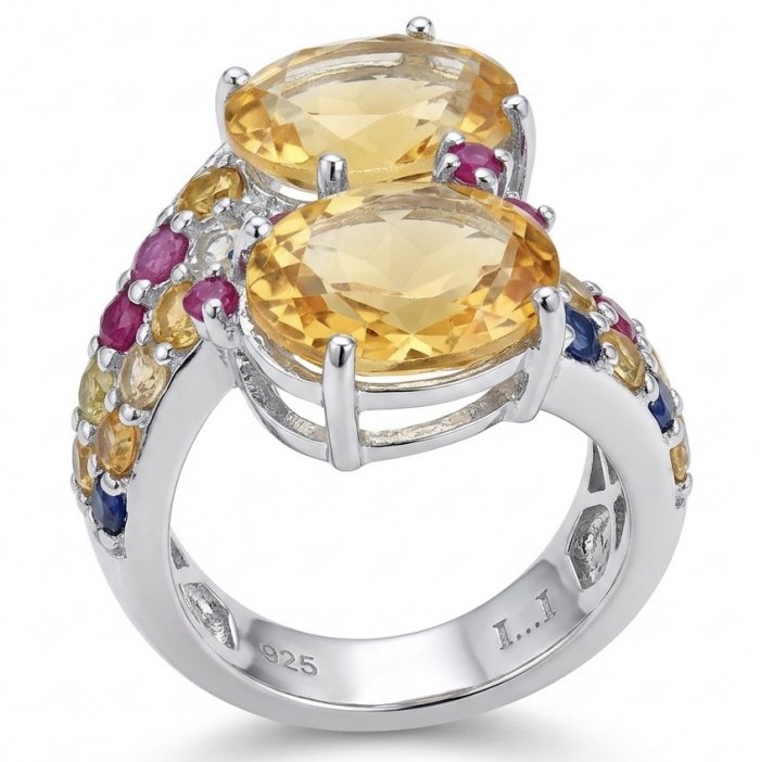 Emily 24.2 carat Brazilian Citrine .925 Sterling Silver dipped in rhodium handcrafted ring; s. 8 - video