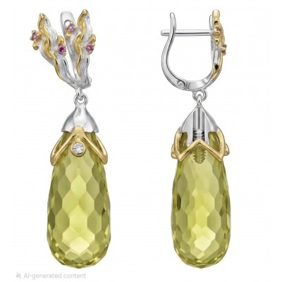 Victoria Authentic 28.8 carat Brazilian Citrine rhodium over 2 tones .925 Sterling Silver brilliantly handcrafted LARGE Statement earrings
