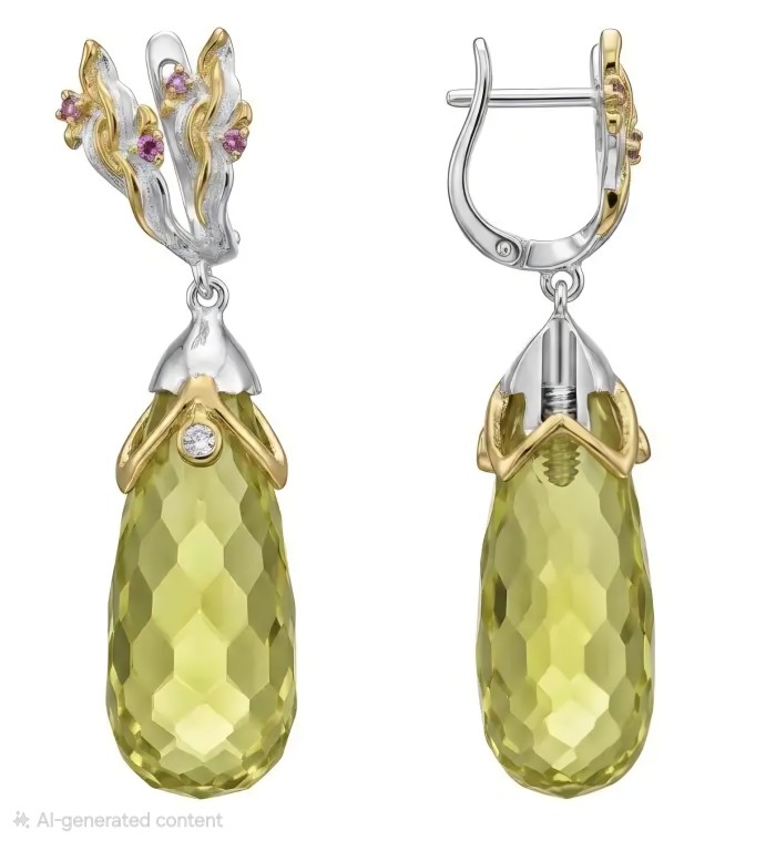 Victoria Authentic 28.8 carat Brazilian Citrine rhodium over 2 tones .925 Sterling Silver brilliantly handcrafted LARGE Statement earrings