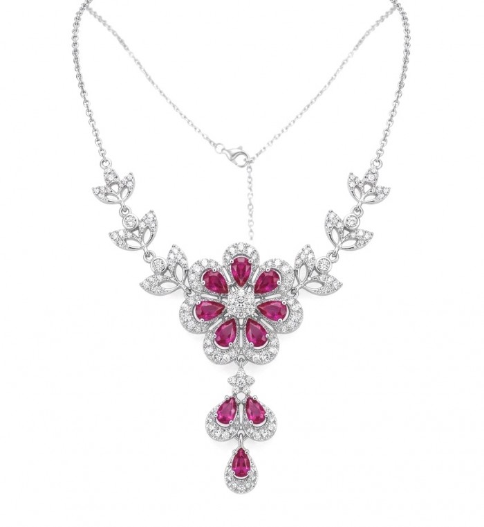Izabella Luxurious natural 8.9 carat Ruby rhodium over .925 Sterling Silver handmade necklace