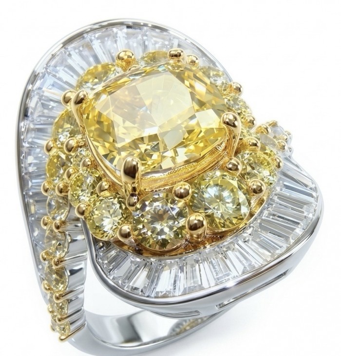 Wearable Art - Art Deco - Solid 25.8 carat Genuine Yellow Sapphire .925 Sterling Silver handcrafted ring size 7 1/4