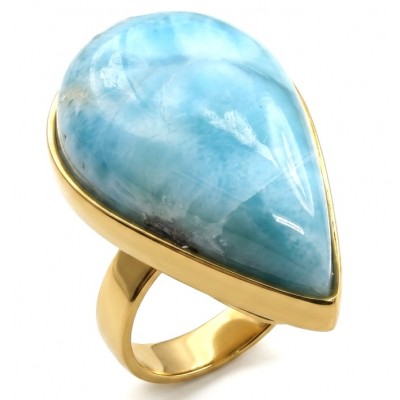 Blue Perfection 22.9 carat natural Larimar .925 Sterling Silver dipped in 18K Gold handmade Large ring size 8 adjustable
