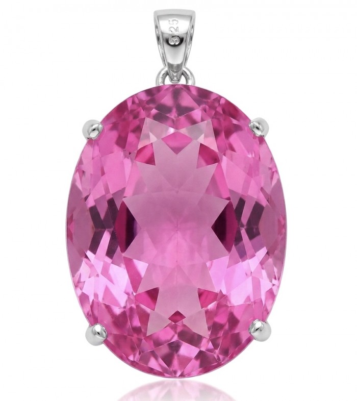 Incredible oval cut 26.8 carat Bubblegum Pink Sapphire .925 Sterling Silver handcrafted pendant