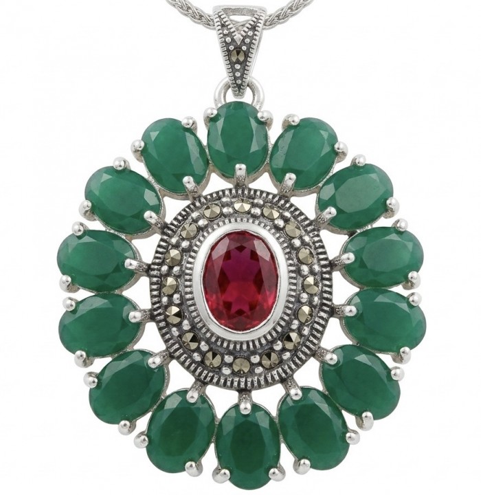 Giovanna 22.2 carat authentic Mozambique Ruby Emerald .925 Sterling Silver handmade Pendant