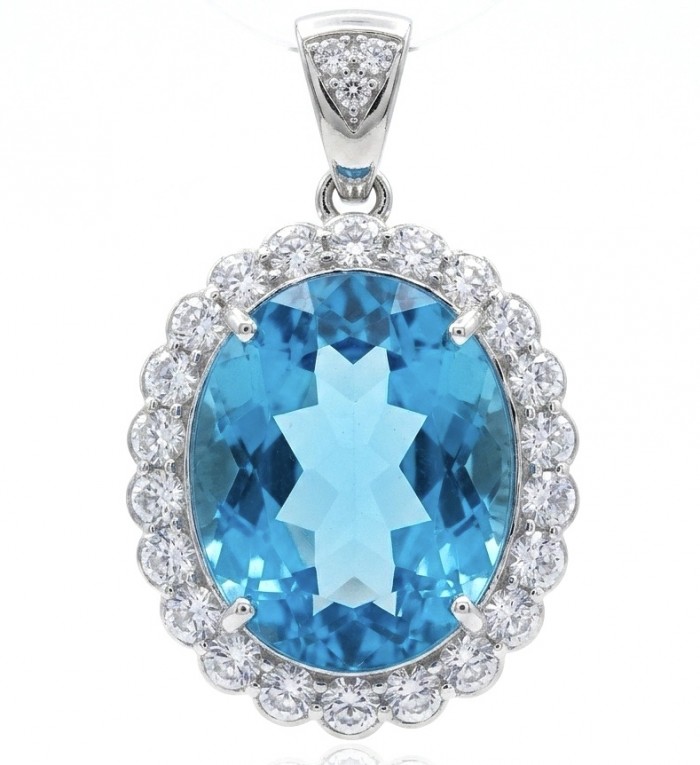 Tiffany Incredible oval cut 45.4 carat Swiss Blue Topaz rhodium over .925 Sterling Silver handcrafted pendant