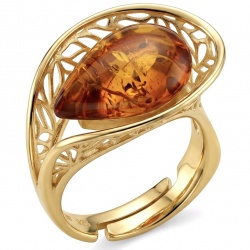 Authentic Baltic Amber 14K Gold over .925 Sterling Silver handcrafted ring; s. 7 adjustable