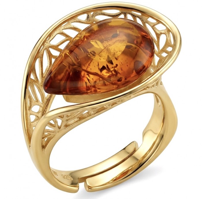 Authentic Baltic Amber 14K Gold over .925 Sterling Silver handcrafted ring; s. 7 adjustable