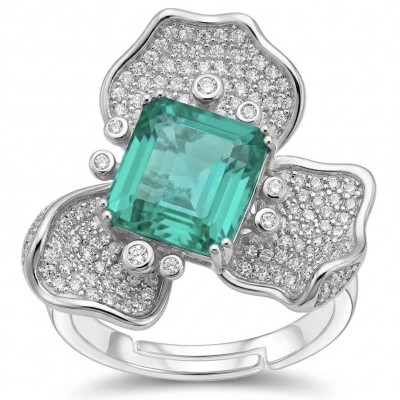 Elizabeth 4.8 carat Colombian Emerald 8.2 carat Moissanite .925 Sterling Silver dipped in Rhodium handcrafted Ring size 7 1/2
