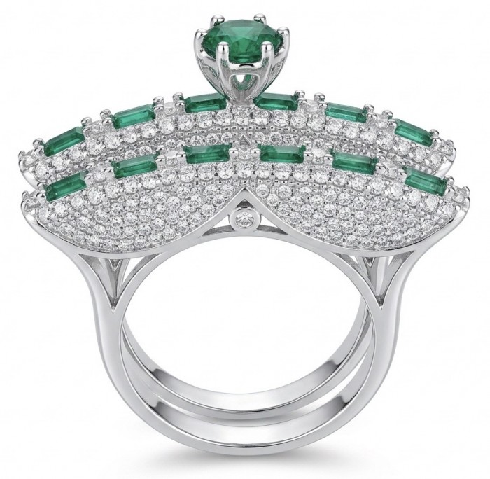 Extravaganza Large 10.6 carat Emerald .925 Sterling Silver brilliantly handcrafted stack up ring s. 8 1/2