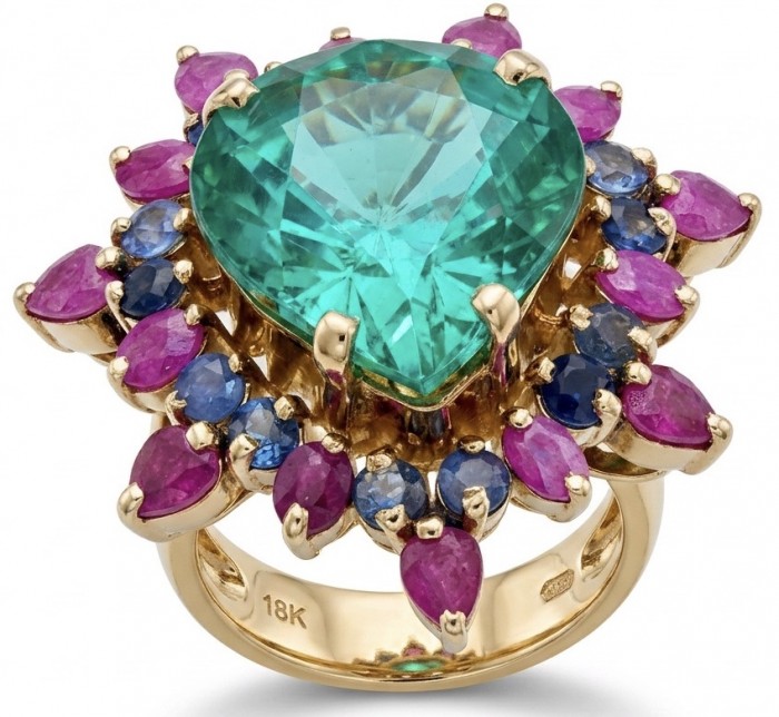 15.9 carat authentic Lime green Tourmaline 14K Gold over .925 Sterling Silver Handcrafted Statement Ring size 7 3/4