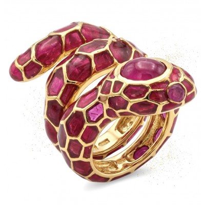 Red Snake Ruby Enamel 18K Gold over 3.5 carat Ruby 22K Gold over .925 Sterling Silver Huge handcrafted Ring s. 6