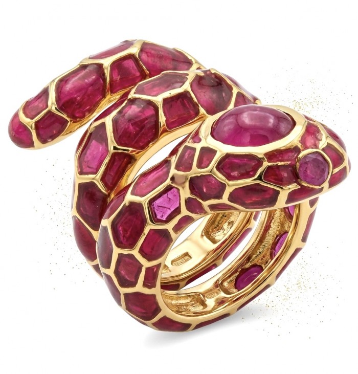 Red Snake Ruby Enamel 18K Gold over 3.5 carat Ruby 22K Gold over .925 Sterling Silver Huge handcrafted Ring s. 6