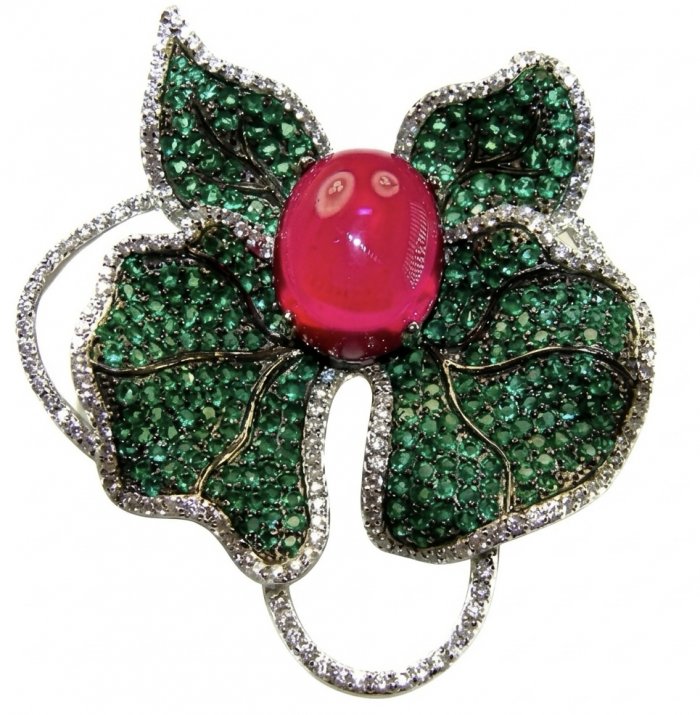 Giovanna - 18.5 carat Authentic Kashmir Ruby pave 4.2 carat Emerald .925 Sterling Silver handcrafted Pendant and Brooch - video