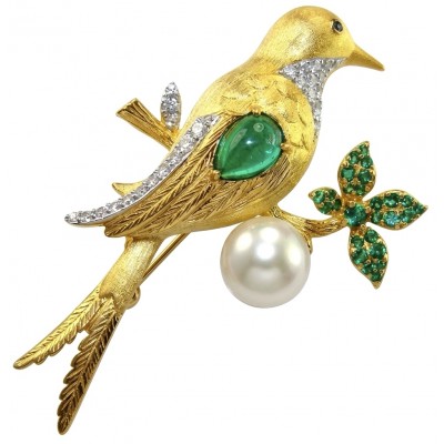 Bird on a Pearl - Genuine 7.5 carat yellow Emerald 18K Gold over .925 Sterling Silver handmade Pendant - Brooch