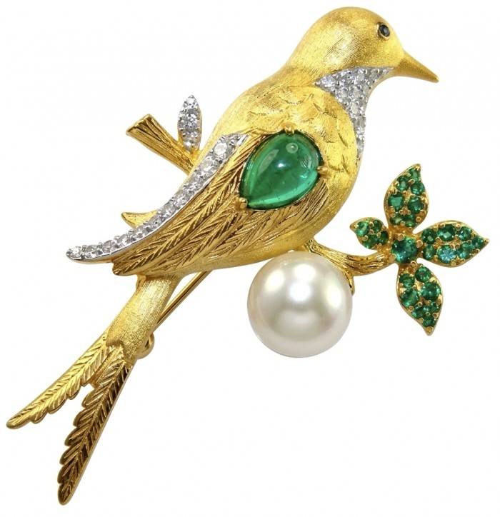 Bird on a Pearl - Genuine 7.5 carat yellow Emerald 18K Gold over .925 Sterling Silver handmade Pendant - Brooch