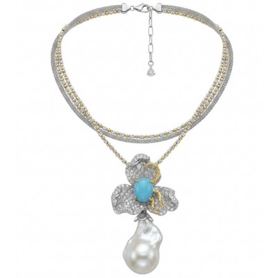 Precious Mother of Pearl 8.4 carat Sleeping Beauty Turquoise 18K Gold over .925 Sterling Silver Necklace; 20 inches long