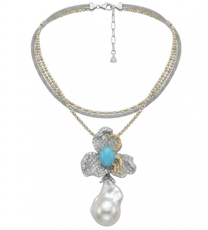Precious Mother of Pearl 8.4 carat Sleeping Beauty Turquoise 18K Gold over .925 Sterling Silver Necklace; 20 inches long