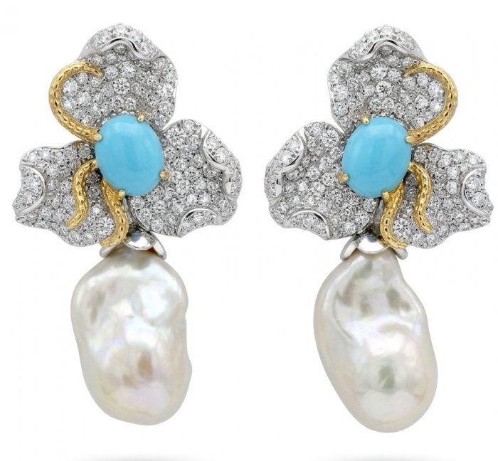 Precious Mother of Pearl 8.9 carat Sleeping Beauty Turquoise 18K Gold over .925 Sterling Silver handcrafted Earrings - video