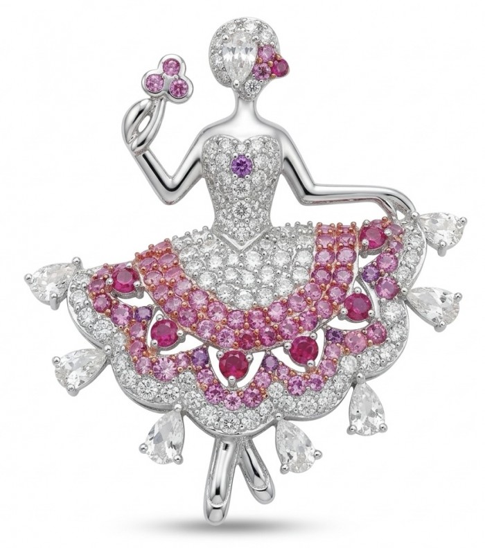 Ballerina - Precious 8.2 carat Colombian Ruby rhodium over .925 Sterling Silver handmade Pendant - Brooch