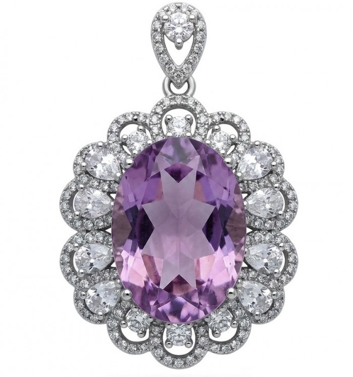 Mademoiselle - 26.5 carat natural Amethyst .925 Sterling Silver dipped in rhodium handcrafted Pendant