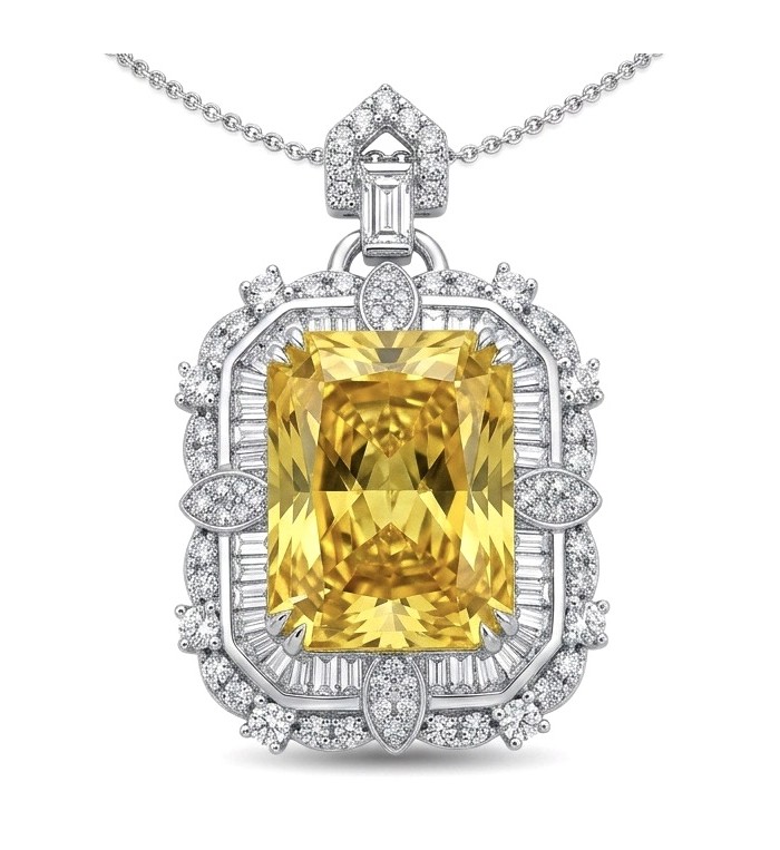 Art Deco - Baquette cut 35.5 carat YELLOW SAPPHIRE .925 Sterling Silver dipped in Rhodium handcrafted necklace