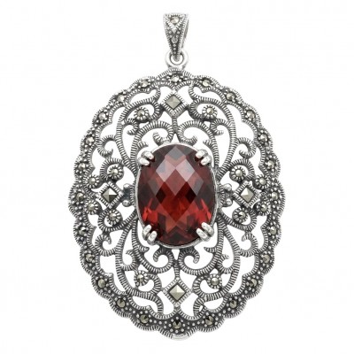 Vintage Style - Precious - Genuine 14.5 carat Ruby Marcasite Rhodium over .925 Sterling Silver handmade Pendant