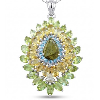 Blooming Garden 29.9 carat authentic Himalayan Peridot rhodium over .925 Sterling Silver Handcrafted Statement pendant