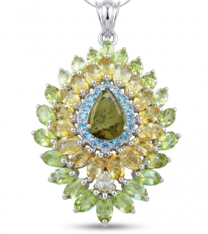 Blooming Garden 29.9 carat authentic Himalayan Peridot rhodium over .925 Sterling Silver Handcrafted Statement pendant