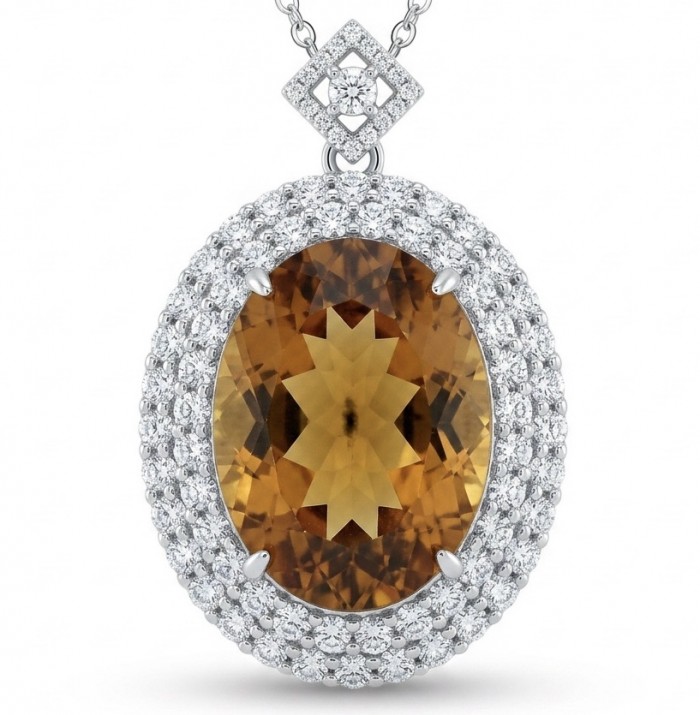 Luxury genuine 45.5 CARAT oval cut Champagne Topaz .925 Sterling Silver dipped in rhodium handmade Pendant