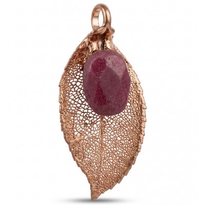 REAL Leaf dipped in copper Ruby stone & .925 Sterling Silver Pendant