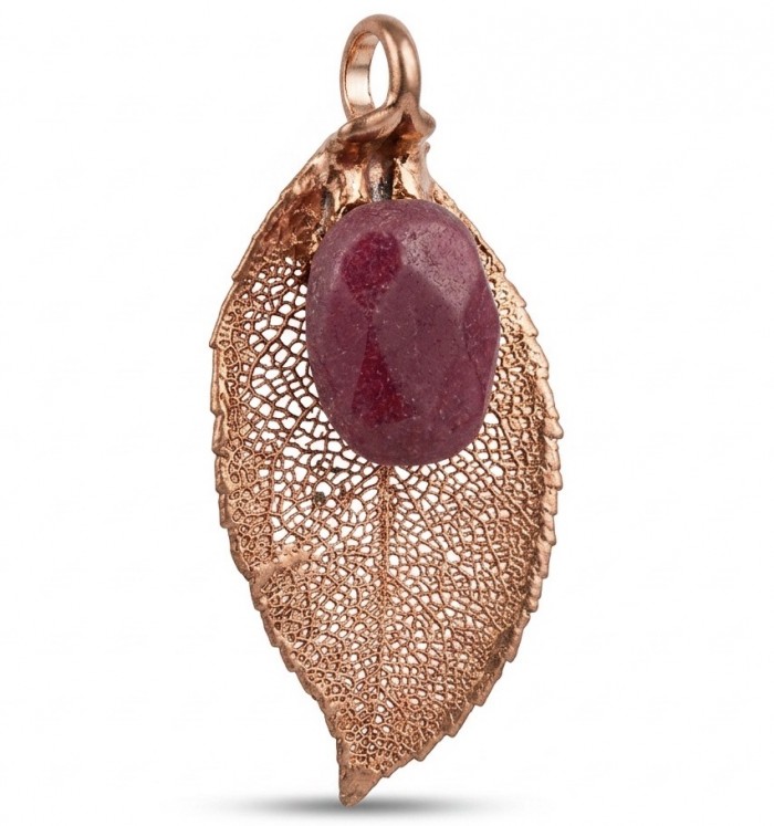 REAL Leaf dipped in copper Ruby stone & .925 Sterling Silver Pendant
