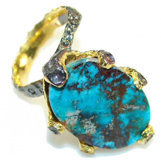 Vintage Design!! Gold Plated, Rhodium Plated Italy Made Turquoise Sterling Silver Ring s. 8 1/4