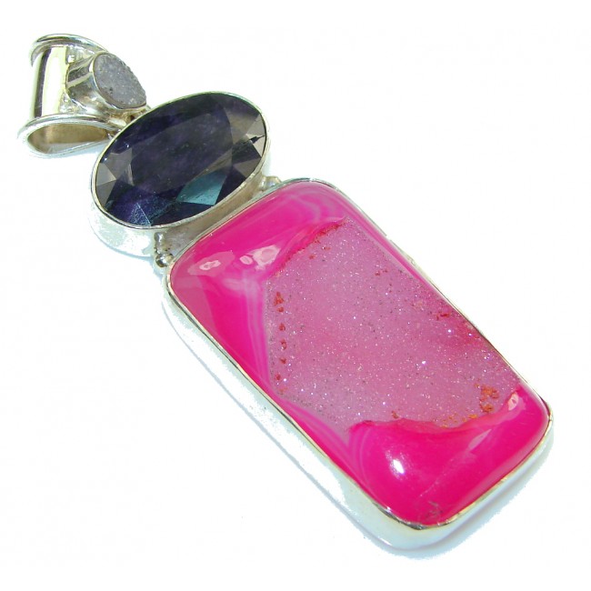 Big! Amazing Pink Agate Druzy Sterling Silver Pendant